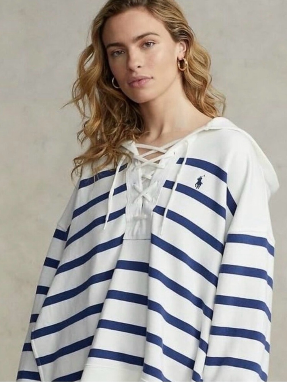 Polo by Ralph Lauren White & Blue Lace-Up Hooded Striped Pullover